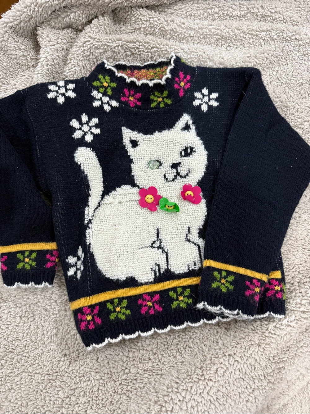Vintage Heartworks Girls 4 Cat Novelty Sweater 3D Flowers Made USA